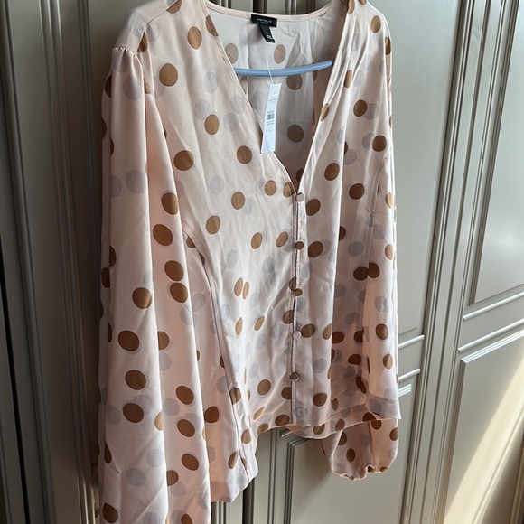 Ann Taylor Factory Blush Blouse with dark tan and gray dots. - Picture 4 of 7